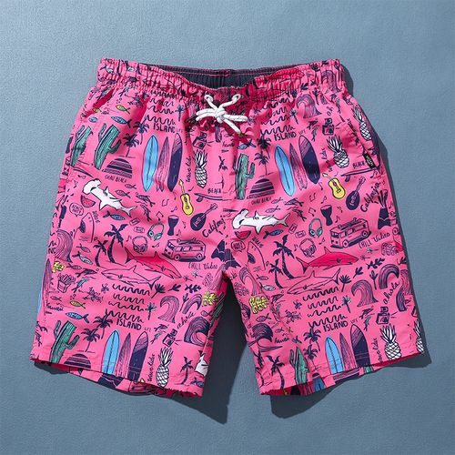 沙滩裤男士海边度假风复古印花四分裤宽松速干粉色短裤可下水游泳视频