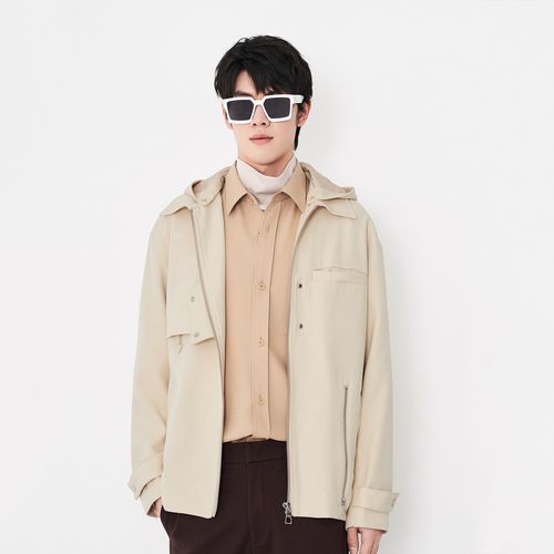 欧时力集团男装春季简约时尚口袋拉链按扣连帽外套男式风衣