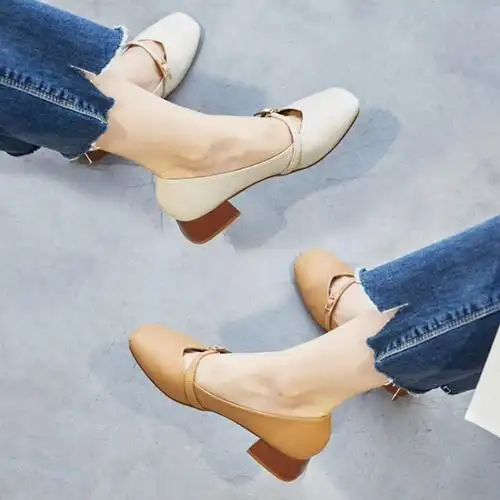 韩版中跟单鞋女粗跟方头浅口女鞋2017春秋新款玛丽珍休闲女式鞋子