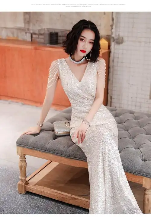 晚礼服女2021新款宴会气质性感年会主持人晚宴名媛连衣裙减龄香槟色s