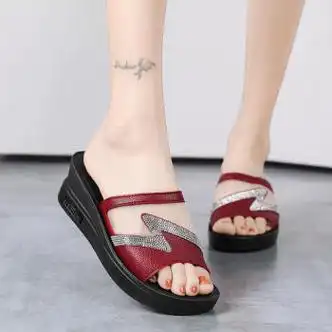 丽妍阁拖鞋女拖鞋女一脚蹬夏外穿凉拖防滑中老年时尚女士中年人 红色