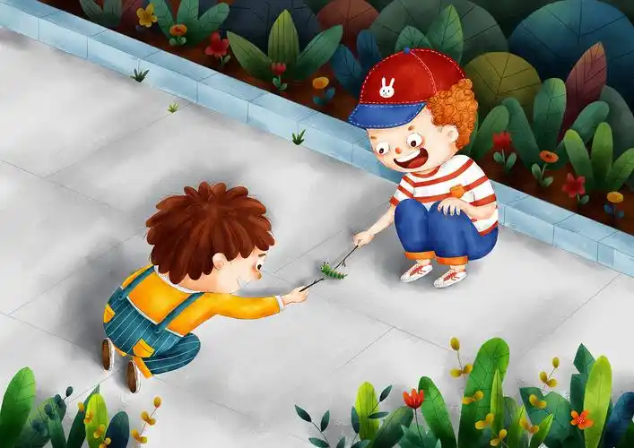 儿童插画 兄弟俩 逗虫虫