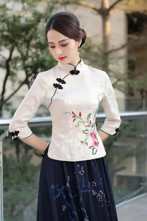 春夏季改良旗袍两件套时尚唐装女上衣复古中式汉服唐装茶人表演服