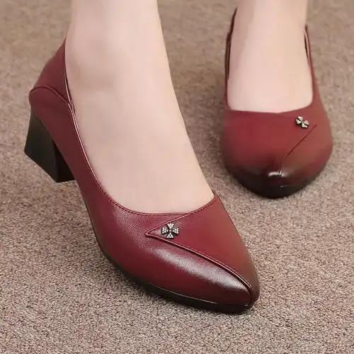 婚礼妈妈鞋中跟女士真皮皮鞋粗跟中年旗袍鞋红色婆婆鞋春秋婚宴鞋
