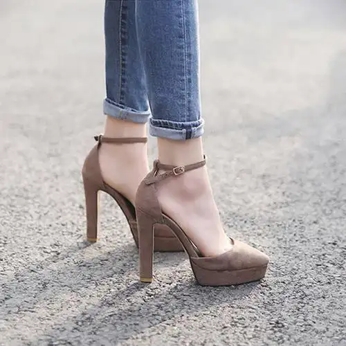 韩版2019秋季新款裸色尖头防水台高跟鞋粗跟一字扣百搭单鞋女鞋