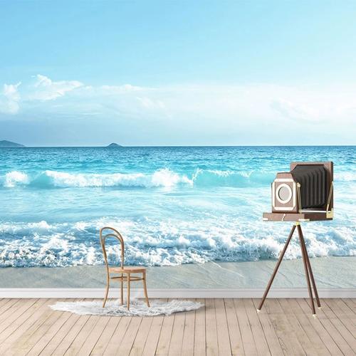 蓝天白云壁纸大海沙滩背景墙布地中海海洋风海水海景海滩风景壁纸