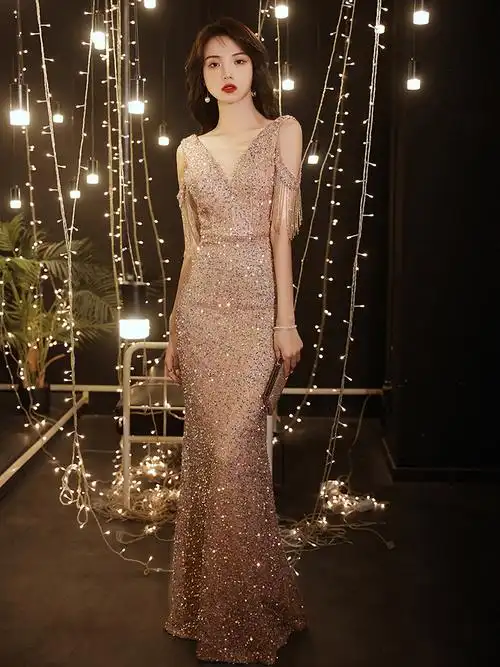 中长款聚会生日派对小礼服连衣裙主持人晚礼服女2023新款气质优雅聚会