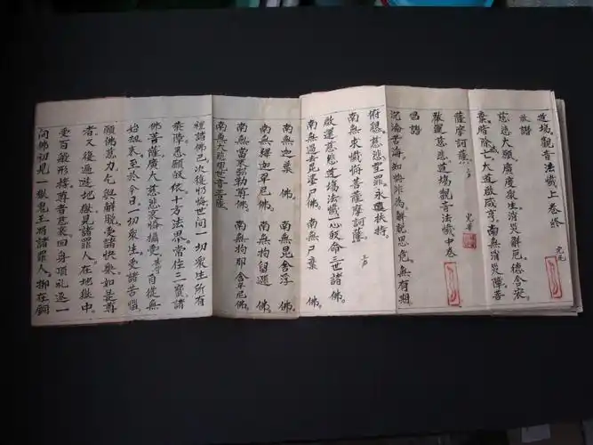 手抄本佛经——南无慈悲法笺经(上中下)三卷——经折装,展开22.2米长