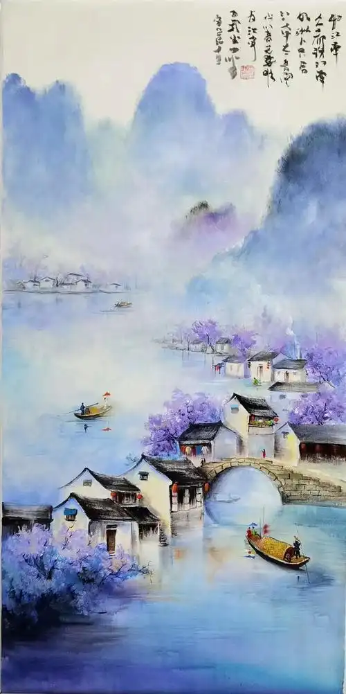 江南水乡,亚麻布水墨画名家--冯少帅