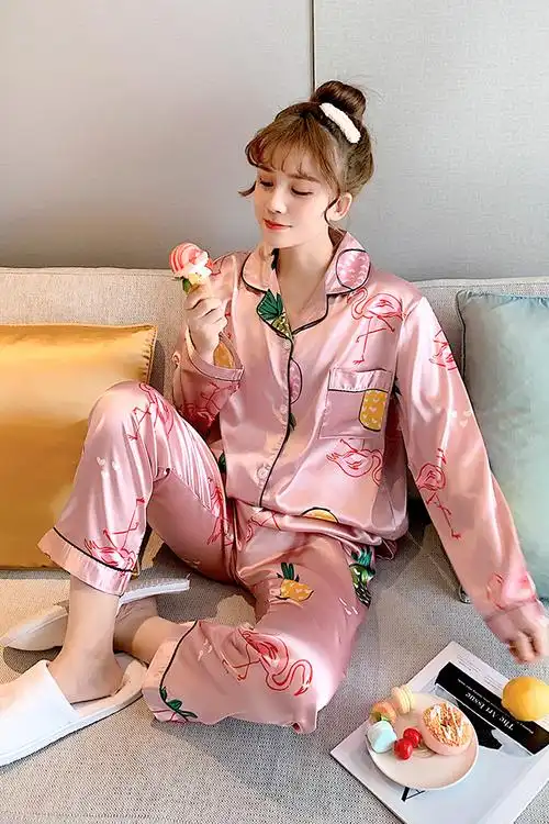 睡衣女春秋季长袖冰丝绸真丝两件套装可爱大码薄款韩版夏天家居服