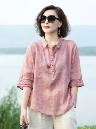 hkns薄款苎麻上衣女夏季2023新款品牌高端棉麻半袖polo领t恤亚麻衬衫