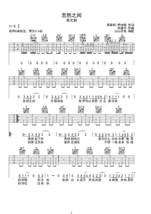 莫文蔚《忽然之间》c调原版弹唱吉他谱c调六线吉他谱-虫虫吉他谱免费