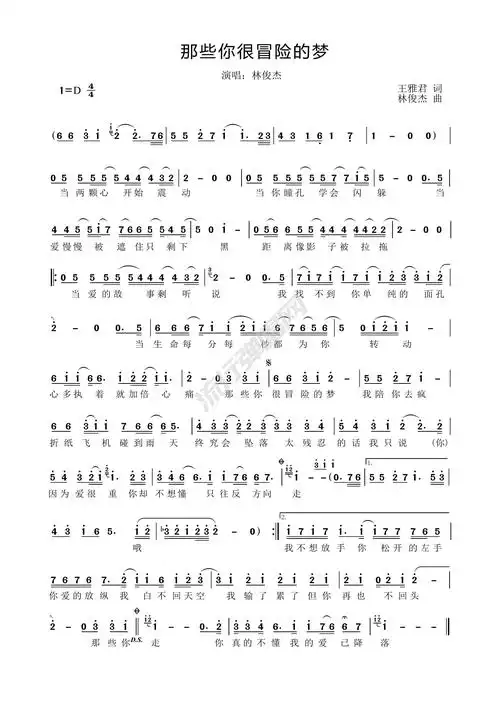 歌曲简谱林俊杰那些你很冒险的梦免费高清简谱歌谱流行弹唱网