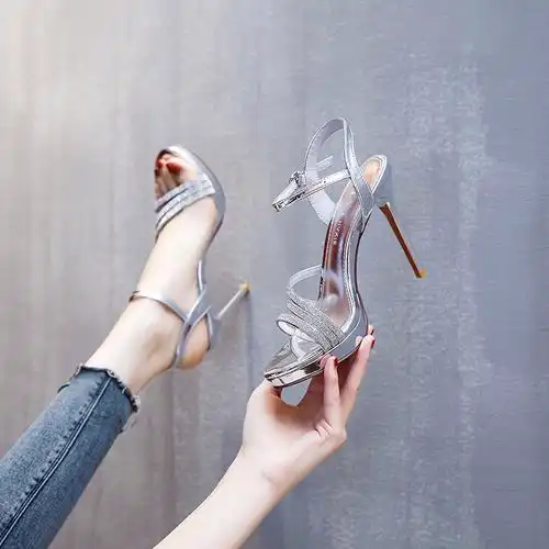 超显腿长高跟鞋女细2021新款夏季10cm超高高跟时装凉鞋