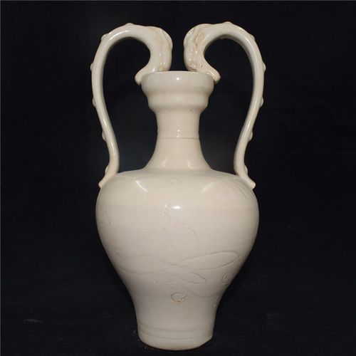 宋代五大名窑定窑刻画双龙柄壶瓶 古董老货 仿古瓷器 家居摆件