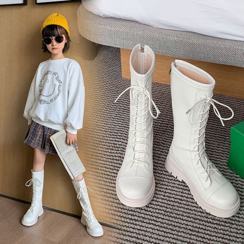 女童靴子2021春秋款白色高筒长靴走秀表演单靴中大儿童马丁靴皮靴