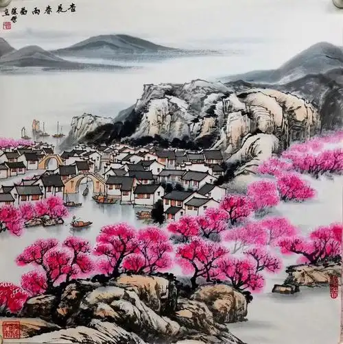 画家陈胜杰把江南的诗画成美丽的山水画