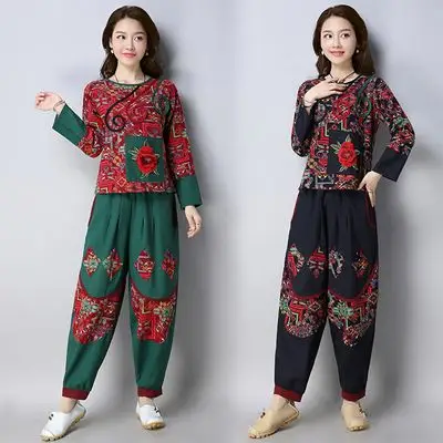 2018春款民族风棉麻绣花套装印花拼接上衣阔腿裤两件套p98-网商园
