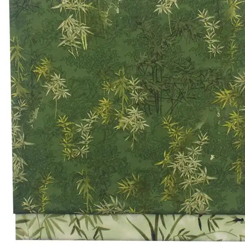 破卡平纹缎印花国风墨绿色竹叶雪纺印花布女衬衫连衣裙旗袍裙面料