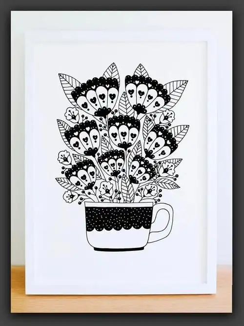 而在wensdi的插画作品里,只有黑白的线条,与鸟,与花瓶组合在一起的