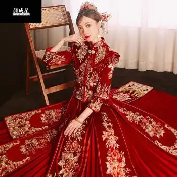 冬季结婚中式情侣秀禾披肩大码龙凤褂禾秀服红色披肩长袖无钻无头t饰s