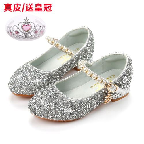 女童皮鞋高跟鞋真皮儿童水晶单鞋模特走秀钢琴表演出礼服鞋白银色