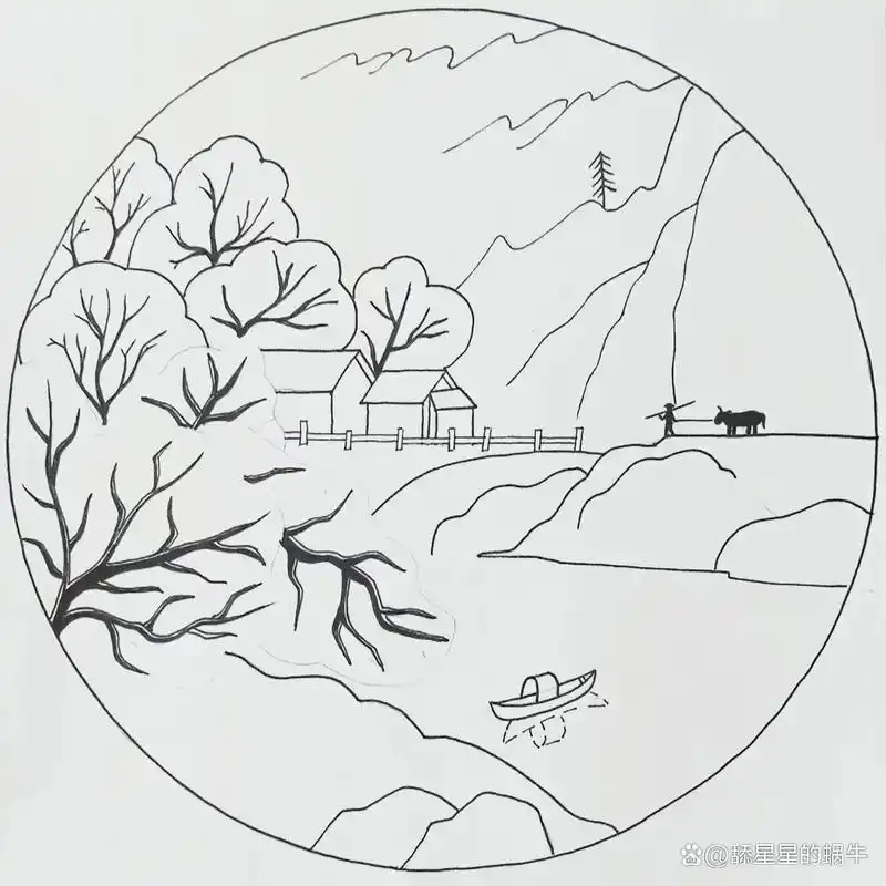 原创黑白线描画《江南水乡》