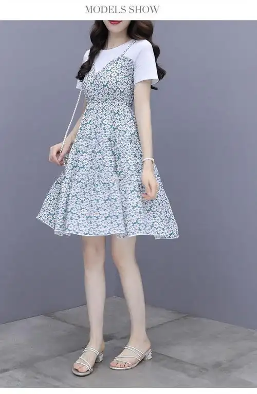 碎花连衣裙女装夏季2021新款今年流行气质小个子假两件套裙子 - 17网