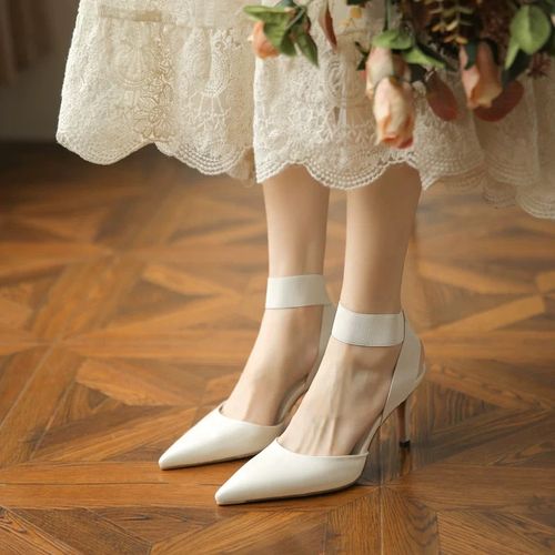 单鞋女白色绑带高跟鞋女2022年新款包头床上尖头细跟凉鞋夏季女鞋