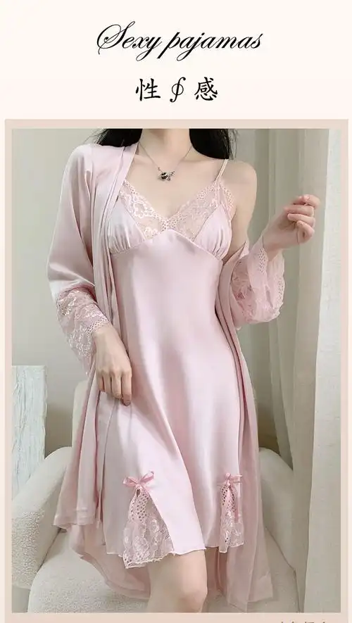 实拍纯欲风新款吊带睡裙显瘦睡衣露背夏季性感冰丝蕾丝带胸垫套装