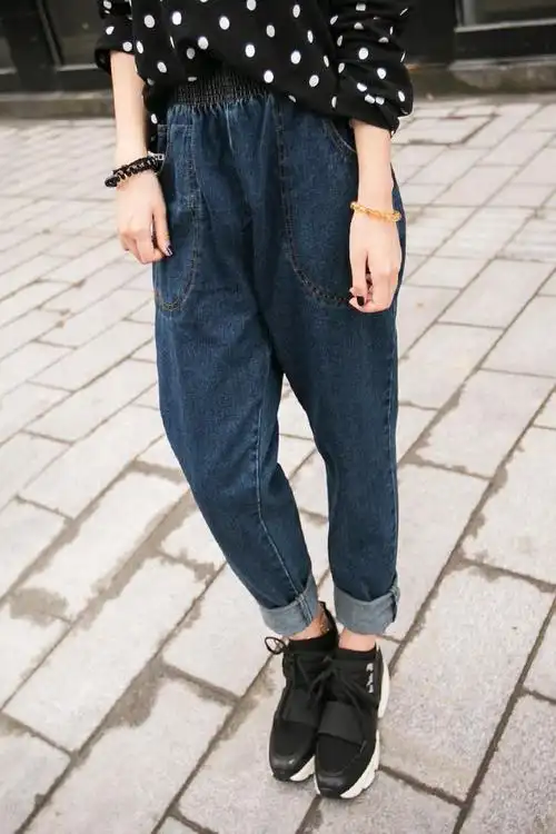 秋冬 韩版休闲松紧腰宽松牛仔裤 女 长裤