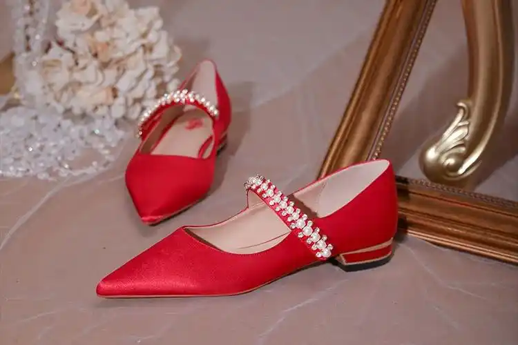 palememory品牌白色婚纱配的婚鞋缎面一字带单鞋女珍珠礼服鞋女平底鞋