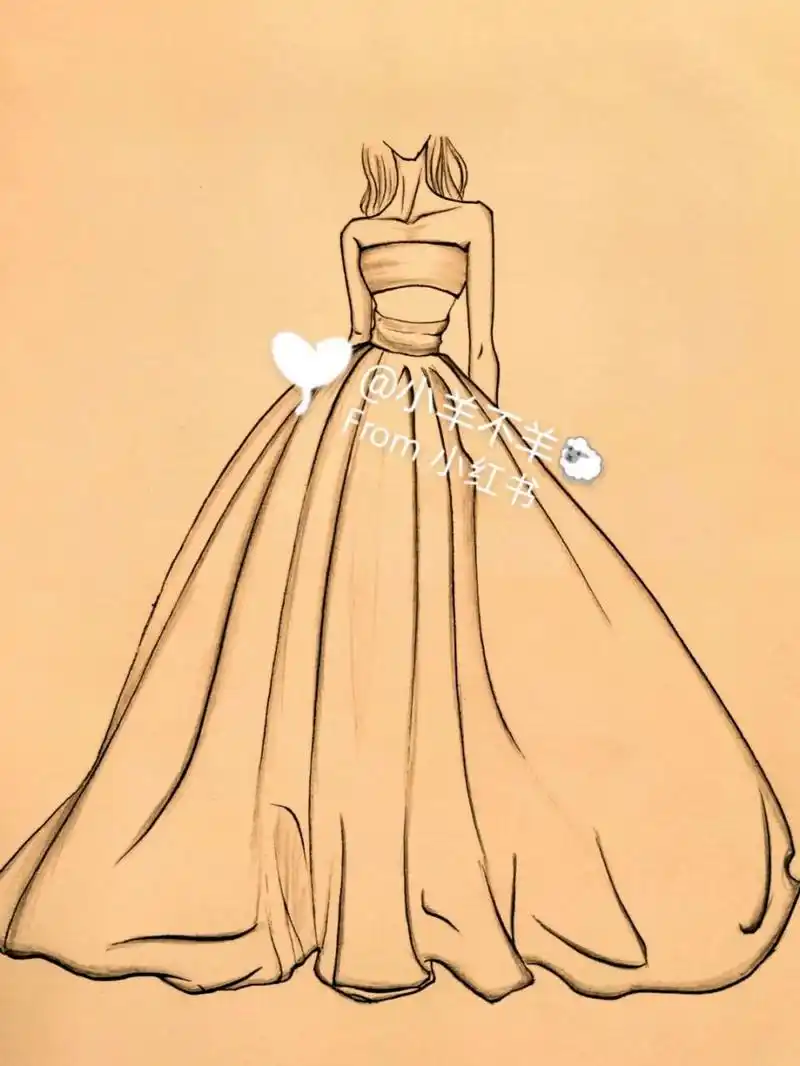 美女黑白简笔画#绘画教程77(附过程) 婚纱礼服手绘简笔画74绘画过程