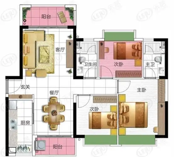 g户型三房两厅两卫105㎡单位