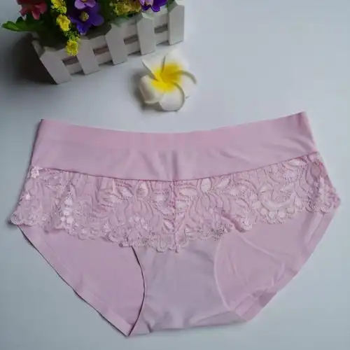 女士冰丝无痕内裤 均码中腰纯色蕾丝边一片式女式三角内裤-中国男裤产