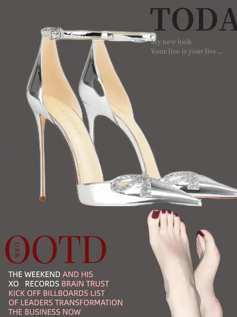 金属高跟鞋蝴蝶结中空包头凉鞋女尖头细跟高