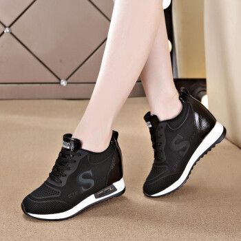 小白鞋女 休闲鞋女内增高女鞋子女坡跟运动鞋女厚底松糕舒适 黑色单鞋