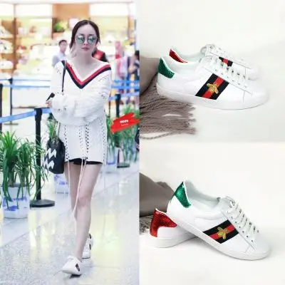 明星同款杨幂小蜜蜂刺绣韩版小白鞋女平底系带真皮休闲运动板鞋潮