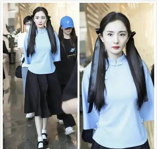 杨幂真是会扮美,双马尾俏皮可爱,穿一身学生装元气满满_蓝色_时尚
