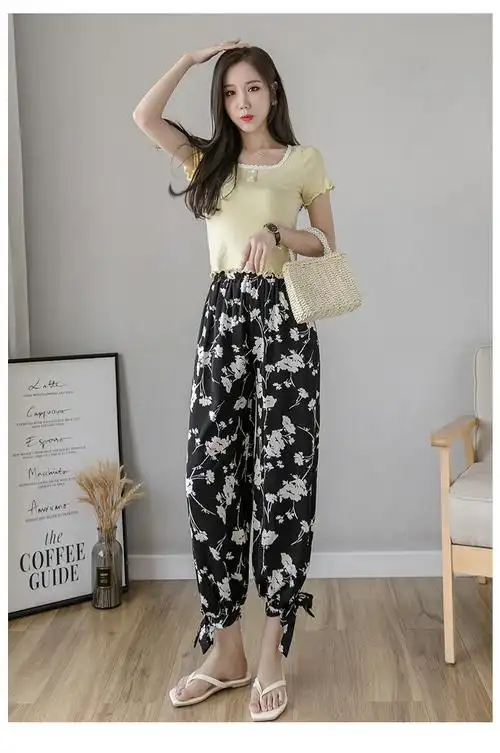 高端轻奢小个子冰丝灯笼裤女夏季薄款垂感宽松雪纺印花束脚裤防蚊哈伦