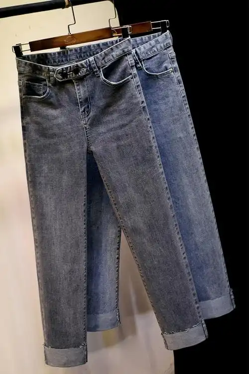 韩国春新款烟管牛仔裤女港味chic显瘦高腰小直筒裤卷边九分裤