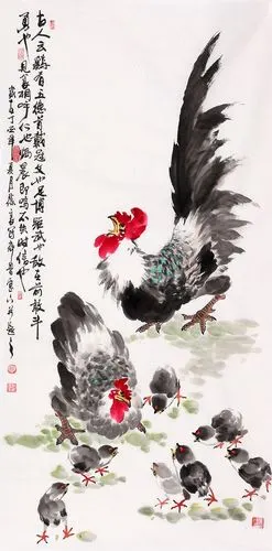 晋葆良新品佳作四尺竖幅公鸡图《大吉图》