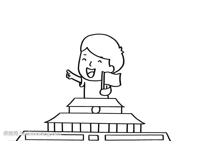 1,首先在手抄报的底部画上天安门城楼,主要画出天安门的细节,在天安门