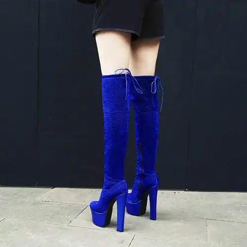 防水台粗跟超高跟过膝靴弹力靴女靴外贸大码40-43 44 45 46长筒靴