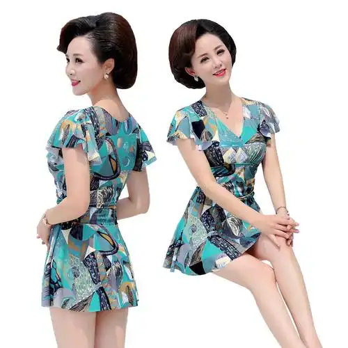 妈妈泳衣女连体裙式泳装显瘦遮肚保守型泡温泉大码中老年游泳衣