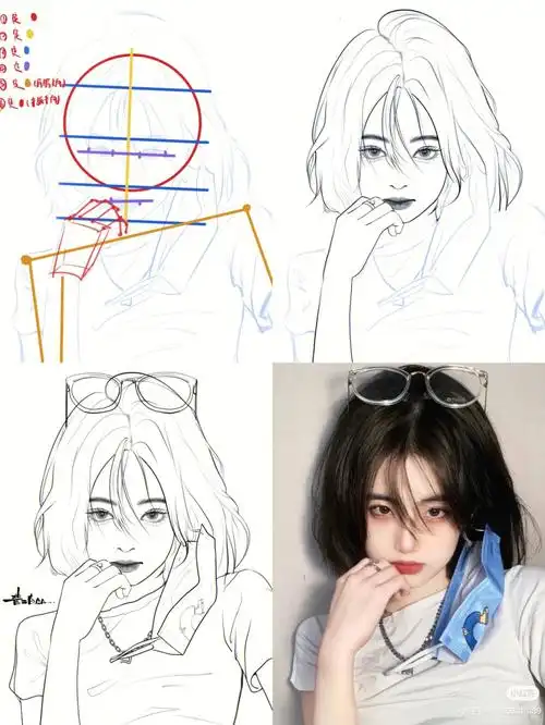 11566分析照片,三庭五眼用平行线定出位置21566根据步骤一画