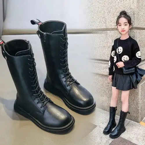 312岁高筒靴皮鞋黑色小学生女童中大冬季新款2020皮靴