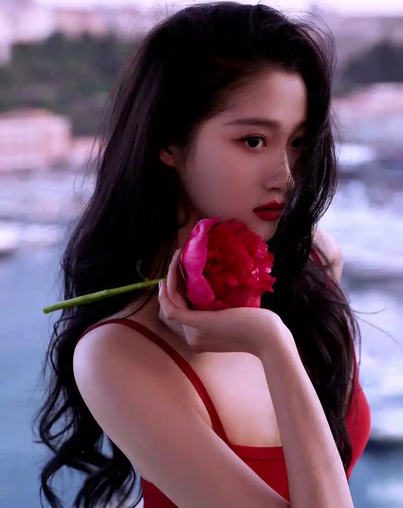 关晓彤明艳风,在蔚蓝海岸穿着法式红裙,微风中卷发飘动,肩头散落着芍