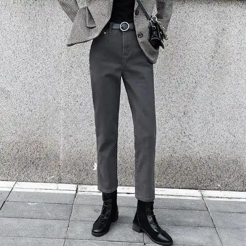 灰色高腰加绒牛仔裤女直筒冬季新款宽松显瘦chic显高九分阔腿外穿