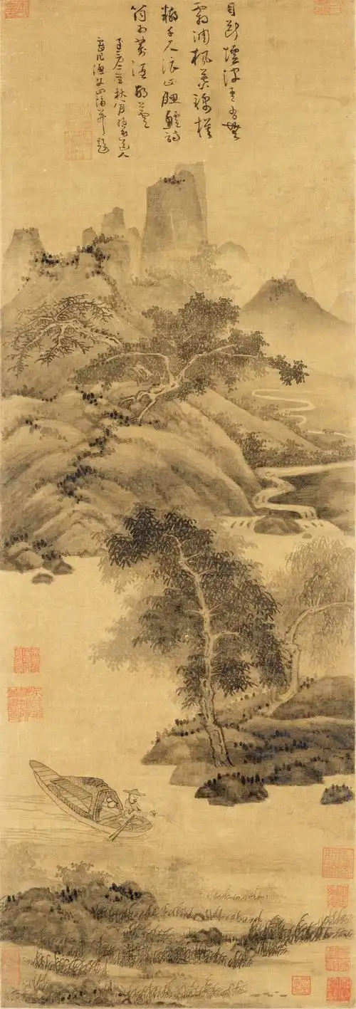 历代名画临摹大图范本十二洞庭渔隐图吴镇元四家元代水墨山水画国画